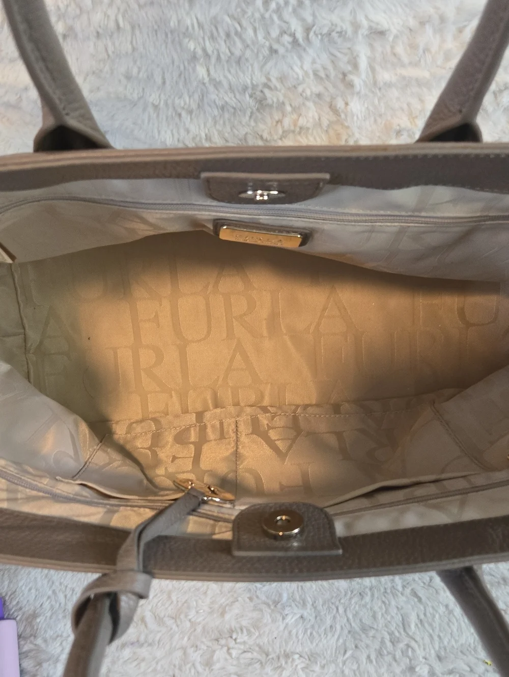 Furla Gray Pebbled Leather Tote with Logo Charm EUC